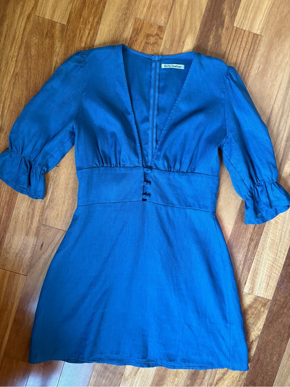 Reformation Simi Linen Mini Dress Blue Puff Sleeve Size 8